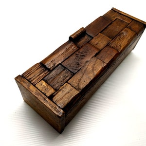 Natural Wood Box Rustic Box Driftwood Reclaimed Wooden mosaic Box Teak Wood Box Handmade Home Art Decor / Zen Art / Gift 10.75&quot;X 3.5&quot;X 3.25&quot;