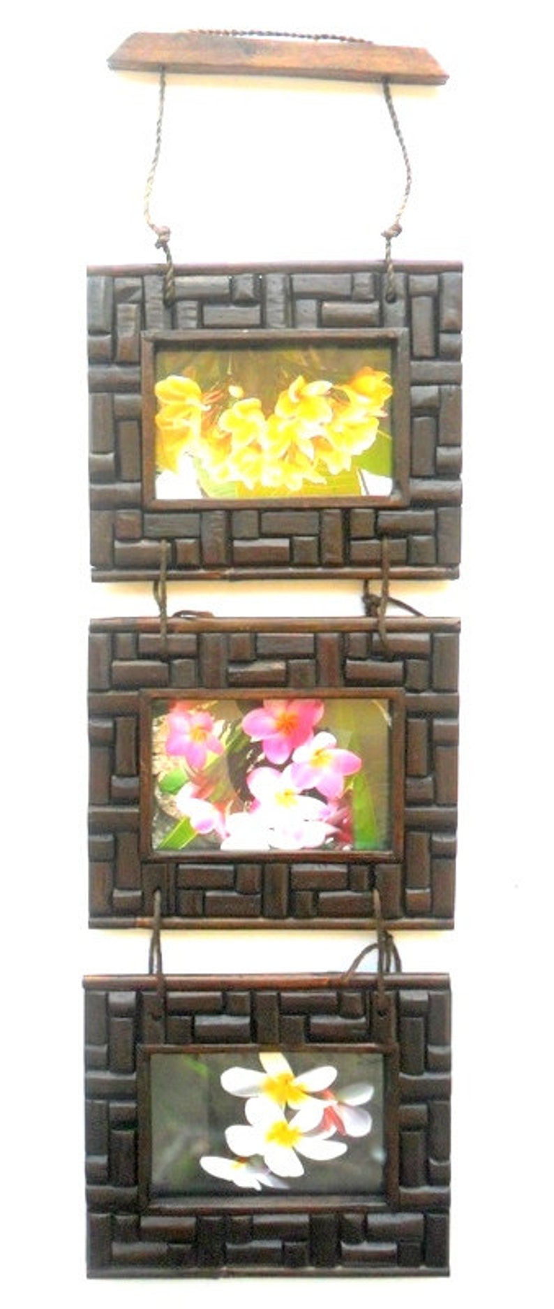 Rustic Teak Wood 3 Photo Frame With Glass Wall Hanging Natural Etsy