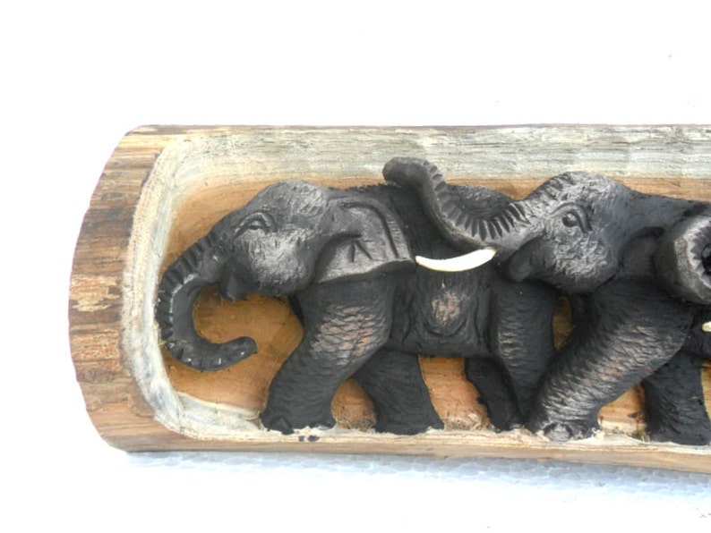 Wood Carving Elephant Hand Carved sculpture Elephants Natural Tree trunk Art Wall Hanging Home Decor Gift 13X5.7