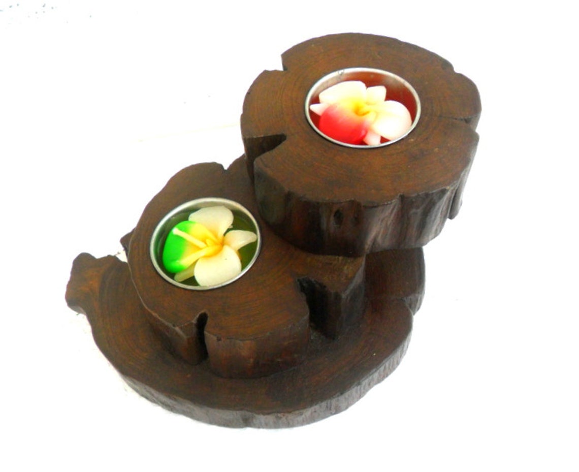 Teak Wood Candle Holder Tea Light Set Two Arm Reclaimed Live Edge