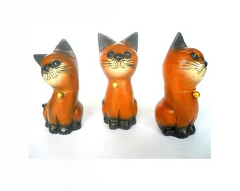 Wood Hand Carved Set Of 3 Cats  Art Home Decor Cat Wood Carving / Gift 5.5"X2"X2"