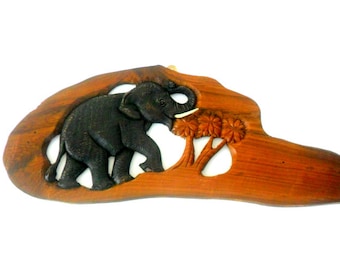Wood Carving Elephant With Tree wooden hand carved Elephant Natural Rustic Driftwood Art Home Decor Wall Hanging / Gift 19"X8"