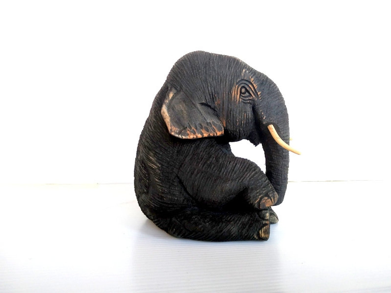 Hand Carved Elephant Wood Carving Sitting Elephant Natural Etsy