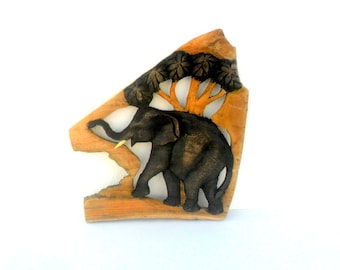 Wood Carving Elephant With Tree wooden hand carved Elephant Natural Rustic Driftwood Art Home Decor Wall Hanging / Gift 12"X11"