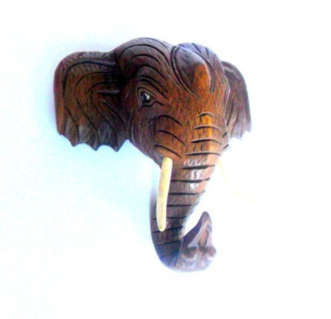 Wooden Elephant Head, Wood Carving Elephant Head, Wall Hanging Elephant