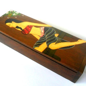 Teak Wood Box Hand Drawing Painting Of Thai Lady Handmade Natural Reclaimed wooden box Home Art Decor / Zen Art / Gift 11.5&quot;X4&quot;