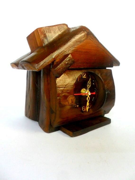 Wooden Desk Clock House Shape Natural Teak Wood Carving Image 0