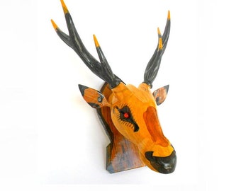 Wood Carving Deer Head Wall Hanging Art Home hand craved Handmade Teak wood Deer Head Decor / gift