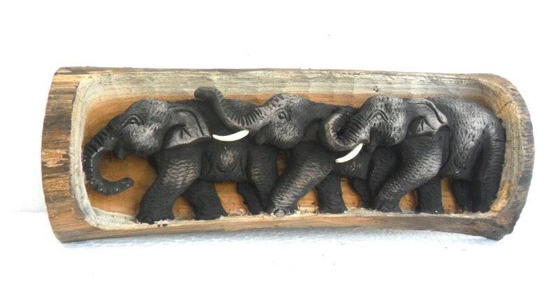Wood Carving Elephant Hand Carved sculpture Elephants Natural Tree trunk Art Wall Hanging Home Decor Gift 13X5.7