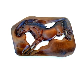 Wood Carving Horse Rustic Driftwood Reclaimed Hand Carved Teak Wood Natural Wild Horse Wall Hanging Art Home Decor / Gift 14" x 10"
