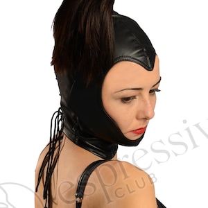 Skulpturale Schwarz PU Leder Maske: Avantgardistische Mode Kopfschmuck