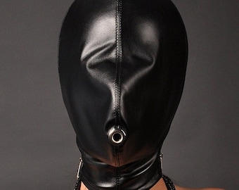 Black PU Leather Sensory Deprivation Bondage Head Hood Mask with Mouth Plug Gag