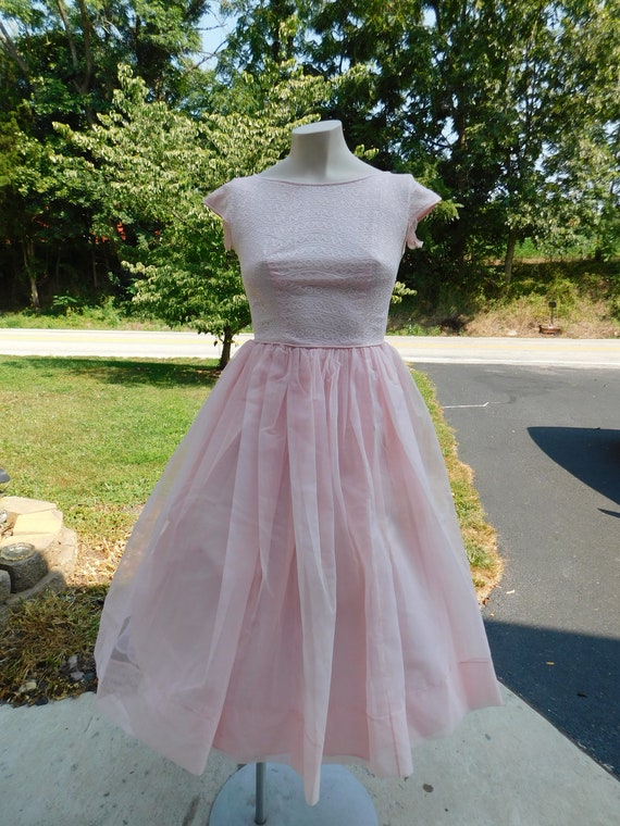 1960s Era Ladies Pink Full Skirt Dress Rainbow Teenable Original Layred Satin & Nylon
