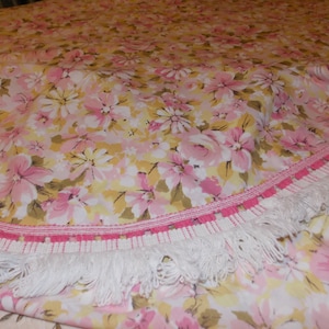 Vintage Cotton Lightweight Spring Floral Twin Bed Spread with Fringed Edging Trim PInks Yellows Greens Made in USA