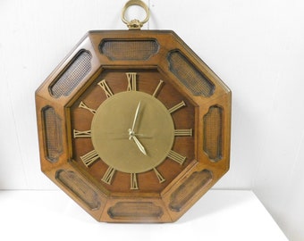 Vintage Tochigi Tokei Quartz Movement 0 Jewels Solid Wood Wicker Inlay Wall Clock