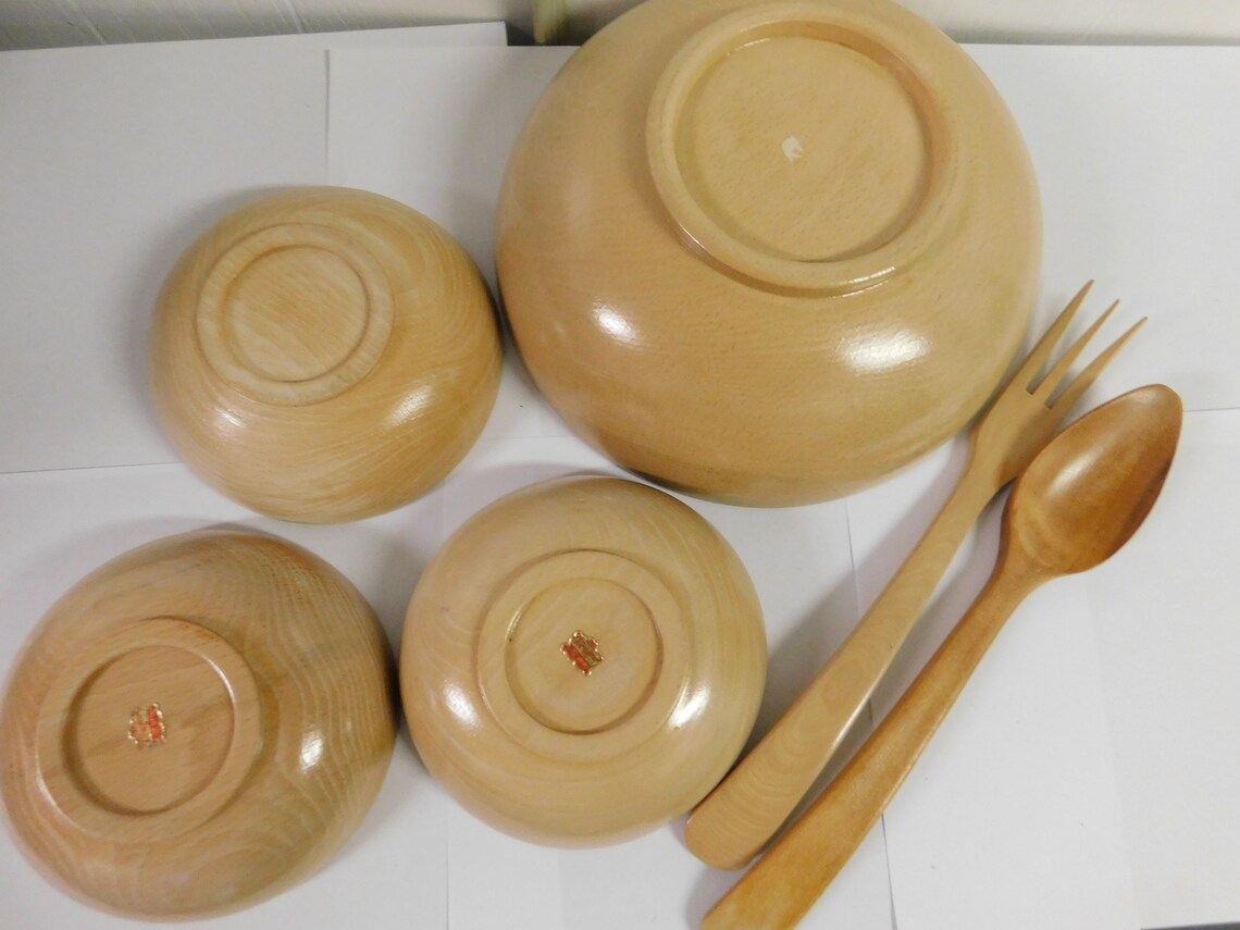 Ucagco Japan Wooden Salad Bowl Set with Serving Fork & Spoon Etsy
