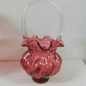 Fenton Art Glass Cranberry Ruffled Handled Basket Vase