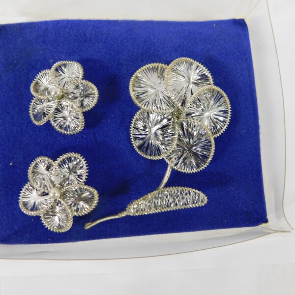 Vintage Handmade in West Germany Princess Jewelry Spun Silver Brooch & Clip on Earring Set