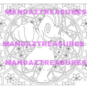 May include: Black and white line art coloring page featuring a cartoon monster with a large fist and a mandala pattern in the background.