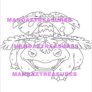 May include: A black and white line drawing of a Pokemon character with a large head and a plant growing on top of it. The character has a large mouth and sharp teeth.