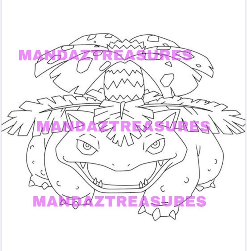 May include: A black and white line drawing of a Pokemon character with a large head and a plant growing on top of it. The character has a large mouth and sharp teeth.