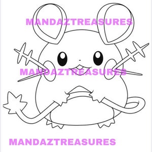 May include: A black and white line drawing of a cartoon mouse with large ears and a long tail. The mouse has a small mouth and large eyes. The mouse is holding two sticks in its hands.