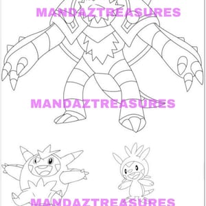 May include: A black and white line drawing of three Pokemon characters. The first character is a large, armored Pokemon with a spiky head and a striped body. The second character is a smaller, round Pokemon with a spiky head and a round body. The third character is a small, bird-like Pokemon with a spiky head and a long tail.