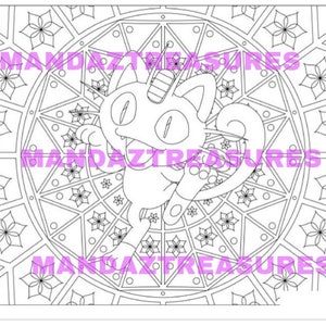 May include: A black and white coloring page featuring a cartoon cat with a unicorn horn. The cat is surrounded by a mandala design with intricate patterns.