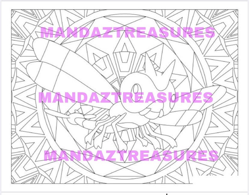 May include: A black and white line art coloring page featuring a dragonfly with a geometric mandala pattern in the background.