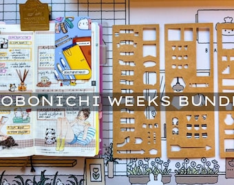 May include: A Hobonichi Weeks bundle featuring a planner with colorful illustrations and stencils. The planner is open, displaying handwritten notes, stickers, and a yellow cover. The stencils are made of brown cardboard and have various shapes.
