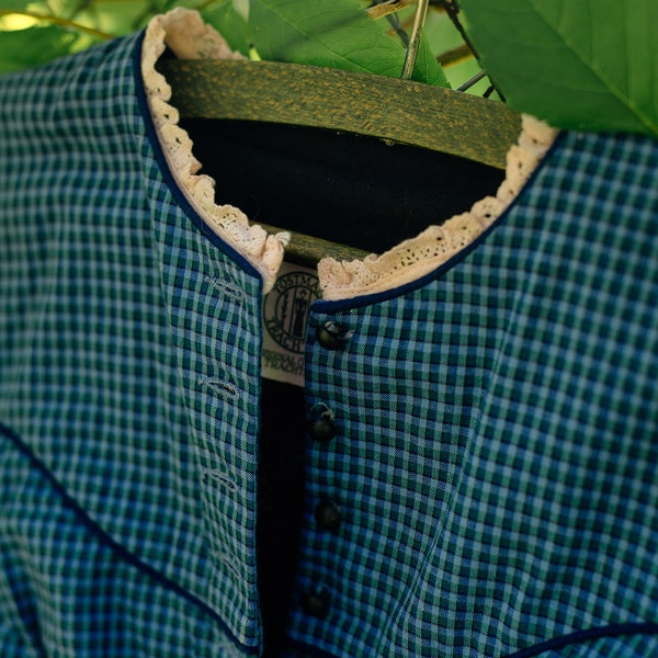 Vintage Cotton Prairie Bavarian Tostmann Trachten Dress Dark Blue Green Check Small Size 42