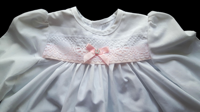 Vintage White Baby Girl Dress with Pink Ribbon White Lace Holiday Dress. 3-6 months Christening Dress