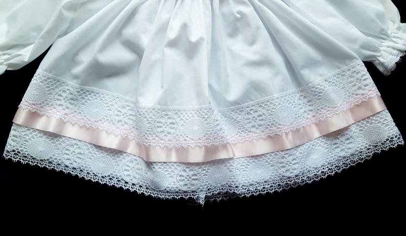 Vintage White Baby Girl Dress with Pink Ribbon White Lace Holiday Dress. 3-6 months Christening Dress