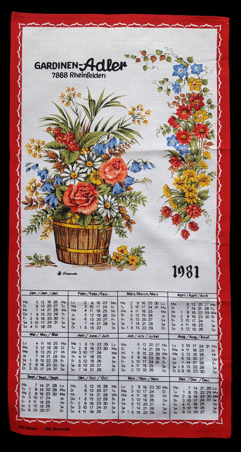 Vintage Cotton Calendar Tea Towel Wall Hanging Floral Flower Etsy