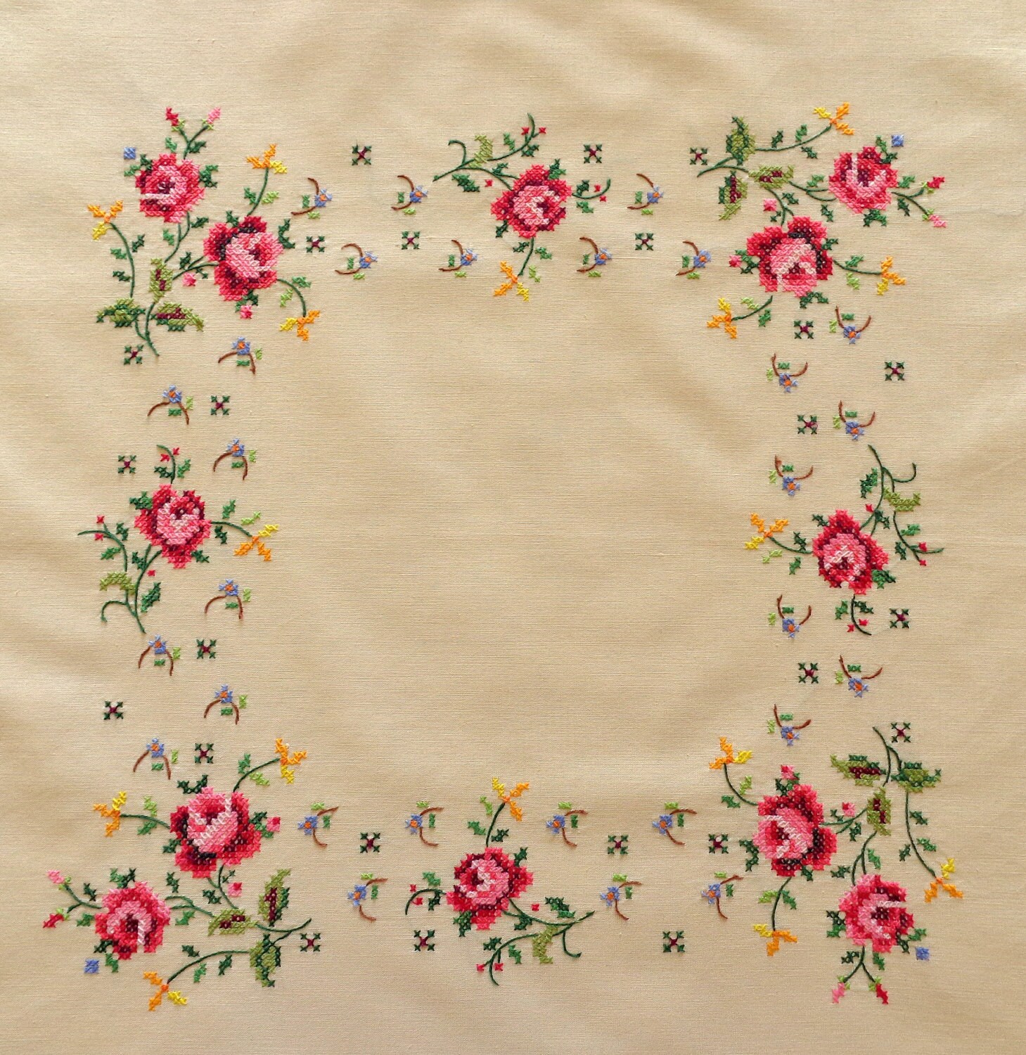 Vintage embroidered table runner cream cross stich Etsy