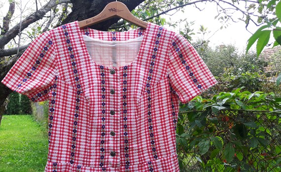 Vintage cotton checkered red white dress with blue