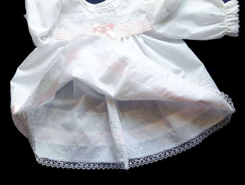 Vintage White Baby Girl Dress with Pink Ribbon White Lace Holiday Dress. 3-6 months Christening Dress