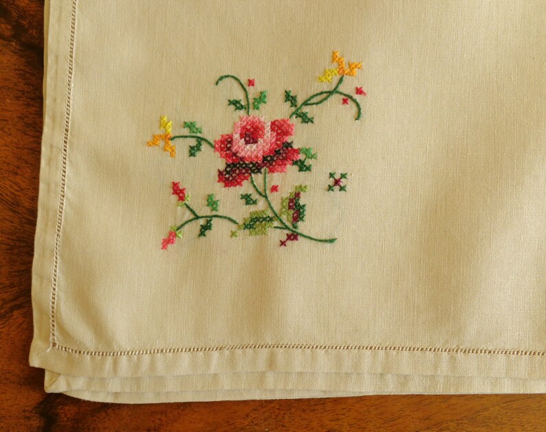 Vintage embroidered table runner cream cross stich Etsy