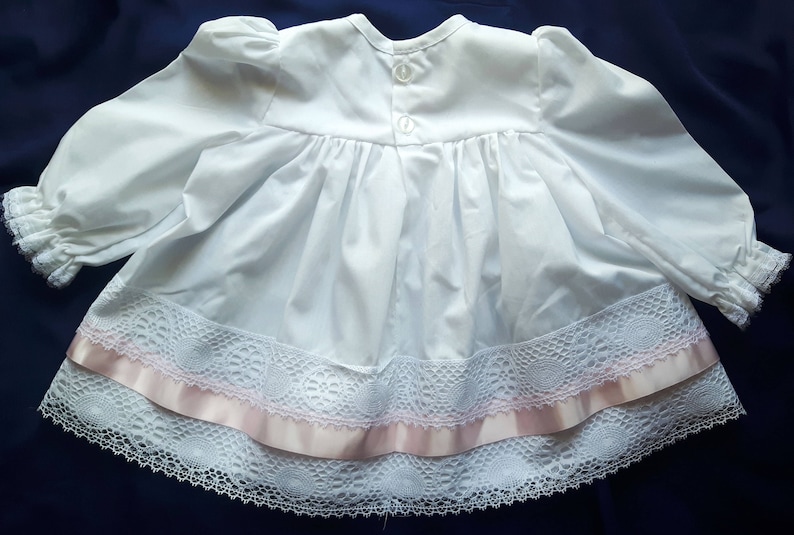 Vintage White Baby Girl Dress with Pink Ribbon White Lace Holiday Dress. 3-6 months Christening Dress