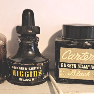 4 Vintage ink bottles - Parker Superchrome, Higgins, Carter (full) and Liberty ( has ink).