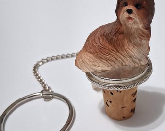 3D Shih Tzu figurine on natural cork w/metal base wine stopper w/ chain