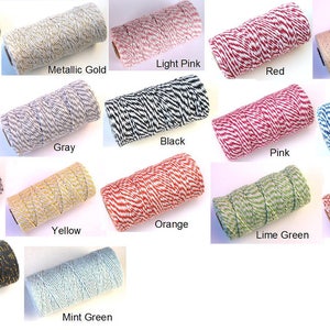 May include: Assortment of 15 spools of baker's twine in various colors, including blue, metallic gold, light pink, red, natural, jute, gray, black, pink, navy blue, purple, yellow, orange, lime green, brown, black metallic gold, and mint green.
