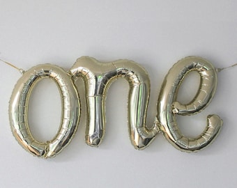 One Script White Gold Letter Balloon, 27" Mylar Foil Balloons 1st Birthday Balloon Banner, One Balloon, First Birthday Photo