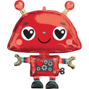 May include: Red foil balloon shaped like a robot with heart eyes and a heart on its chest. The robot has gold arms and legs and a key on its side.