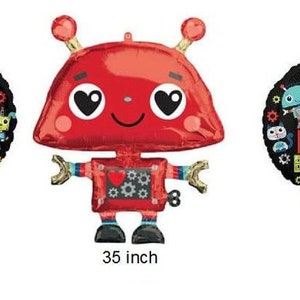 May include: A set of three red, black, and colorful robot-themed foil balloons. The largest balloon is a 35-inch red robot with a heart and gears on its chest. The two smaller balloons are 18-inch round balloons with the text "Happy Birthday" and robot illustrations.