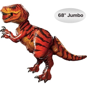 May include: A large, orange and black inflatable dinosaur, shaped like a Tyrannosaurus Rex, with the text "68" Jumbo" printed on a white circle.