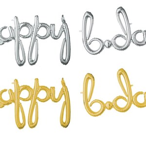 Happy Birthday Banner, Happy B-Day Script Gold or Silver Foil Balloon, Happy Birthday Balloons, First Birthday Party, Retro Party