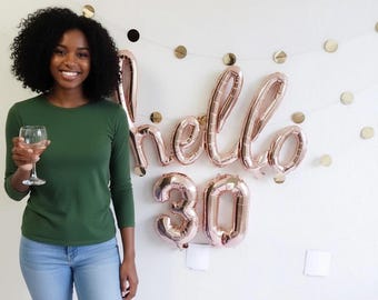 Rose Gold Birthday Balloon Banner: Hello, Number Balloons - Milestone Party Decor