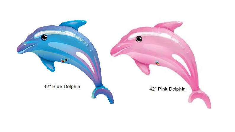 May include: Two 42-inch inflatable dolphin balloons, one blue and one pink. The dolphins are in a jumping pose with their tails curled up.