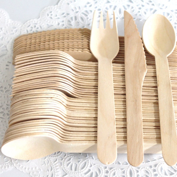 Birch Wood Utensils: 75-Piece Disposable Cutlery Set